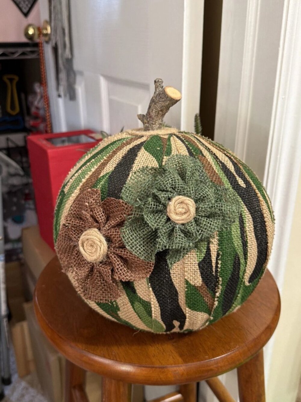 Hand Crafted Burlap Camouflage Decorative Pumpkin With Flowers & Wooden Stem